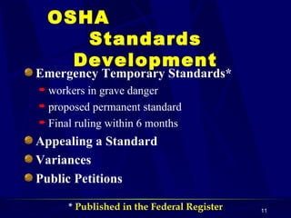 Emergency Temporary Standards* workers in grave danger proposed permanent standard Final ruling within 6 months Appealing a Standard Variances Public Petitions OSHA  Standards Development *  Published in the Federal Register 