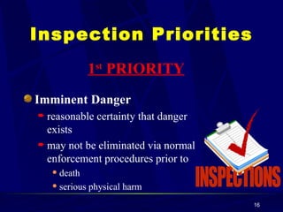 Imminent Danger reasonable certainty that danger exists  may not be eliminated via normal enforcement procedures prior to  death serious physical harm Inspection Priorities 1 st  PRIORITY 