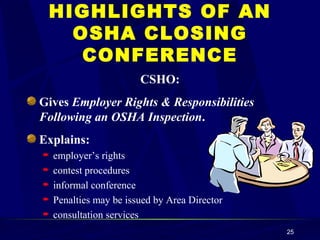 HIGHLIGHTS OF AN OSHA CLOSING CONFERENCE CSHO: Gives  Employer Rights & Responsibilities Following an OSHA Inspection . Explains: employer’s rights contest procedures informal conference Penalties may be issued by Area Director consultation services 