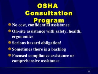 OSHA  Consultation Program No cost, confidential assistance On-site assistance with safety, health, ergonomics Serious hazard obligation! Sometimes there is a backlog Focused compliance assistance or comprehensive assistance 