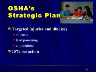 Targeted injuries and illnesses silicosis lead poisoning amputations  15% reduction OSHA’s  Strategic Plan 