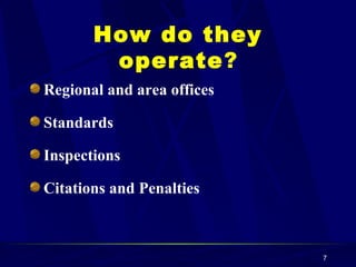 How do they operate ? Regional and area offices Standards Inspections Citations and Penalties 
