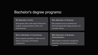 Bachelor's degree programs:
BA (Bachelor of Arts)
BA programs offer a wide range of liberal arts
subjects, including literature, history, and
social sciences.
BSc (Bachelor of Science)
BSc programs focus on scientific and
technical subjects like biology, physics, and
computer science.
BCom (Bachelor of Commerce)
BCom programs specialize in areas such as
finance, accounting, and business
management.
BBA (Bachelor of Business
Administration)
BBA programs emphasize management,
leadership, and operational aspects of
business.
 