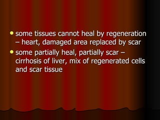 some tissues cannot heal by regeneration – heart, damaged area replaced by scar some partially heal, partially scar – cirrhosis of liver, mix of regenerated cells and scar tissue 