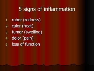 5 signs of inflammation rubor (redness) calor (heat) tumor (swelling) dolor (pain) loss of function 