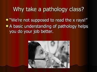Why take a pathology class? “We’re not supposed to read the x rays!” A basic understanding of pathology helps you do your job better. 