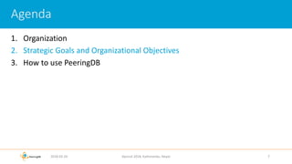 1. Organization
2. Strategic Goals and Organizational Objectives
3. How to use PeeringDB
2018-02-26 Apricot 2018, Kathmandu, Nepal 7
Agenda
 