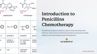 Introduction to
Penicillins
Chemotherapy
Penicillins are a class of antibiotics used to treat various bacterial
infections. They work by inhibiting the formationof bacterial cell walls,
leading to the eventual destructionof the bacteria.
by Sudha Puri
S
 