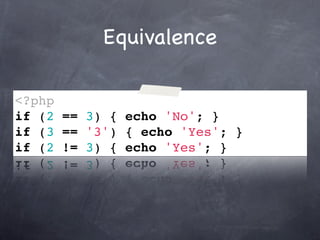 Equivalence

<?php
if (2 == 3) { echo 'No'; }
if (3 == '3') { echo 'Yes'; }
if (2 != 3) { echo 'Yes'; }
 