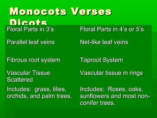 Monocots Verses
 Dicots
Floral Parts in 3’s
Floral Parts in 3’s Floral Parts in 4’s or 5’s
                           Floral Parts in 4’s or 5’s

Parallel leaf veins        Net-like leaf veins

Fibrous root system        Taproot System

Vascular Tissue            Vascular tissue in rings
Scattered
Includes: grass, lilies,   Includes: Roses, oaks,
orchids, and palm trees.   sunflowers and most non-
                           conifer trees.
 