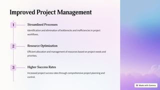 Improved Project Management
1 Streamlined Processes
Identification and elimination of bottlenecks and inefficiencies in project
workflows.
2 Resource Optimization
Efficient allocation and management of resources based on project needs and
priorities.
3 Higher Success Rates
Increased project success rates through comprehensive project planning and
control.
 