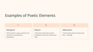 Examples of Poetic Elements
1
Metaphor
"All the world's a stage, and all the men
and women merely players" -
Shakespeare
2
Rhyme
"I know that I shall meet my fate /
Somewhere among the clouds above" -
Yeats
3
Alliteration
"The fair breeze blew, the white foam
flew" - Coleridge
 