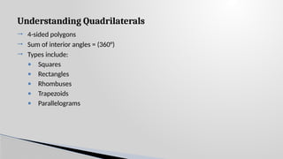 Understanding Quadrilaterals
 4-sided polygons
 Sum of interior angles = (360°)
 Types include:
• Squares
• Rectangles
• Rhombuses
• Trapezoids
• Parallelograms
 