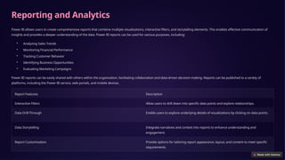 Reporting and Analytics
Power BI allows users to create comprehensive reports that combine multiple visualizations, interactive filters, and storytelling elements. This enables effective communication of
insights and provides a deeper understanding of the data. Power BI reports can be used for various purposes, including:
• Analyzing Sales Trends
• Monitoring Financial Performance
• Tracking Customer Behavior
• Identifying Business Opportunities
• Evaluating Marketing Campaigns
Power BI reports can be easily shared with others within the organization, facilitating collaboration and data-driven decision-making. Reports can be published to a variety of
platforms, including the Power BI service, web portals, and mobile devices.
Report Features Description
Interactive Filters Allow users to drill down into specific data points and explore relationships.
Data Drill-Through Enable users to explore underlying details of visualizations by clicking on data points.
Data Storytelling Integrate narratives and context into reports to enhance understanding and
engagement.
Report Customization Provide options for tailoring report appearance, layout, and content to meet specific
requirements.
 