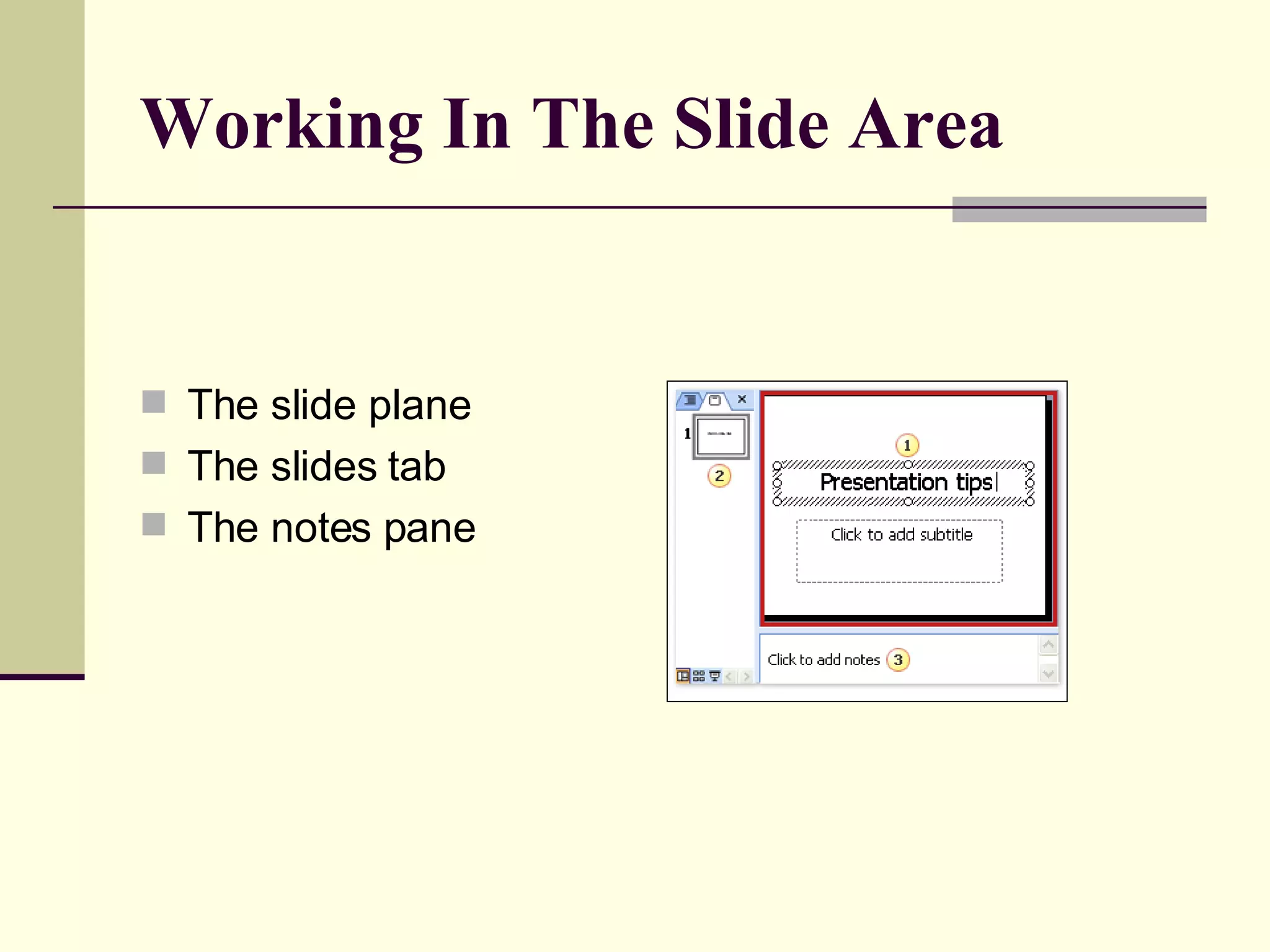 Working In The Slide Area The slide plane  The slides tab The notes pane  