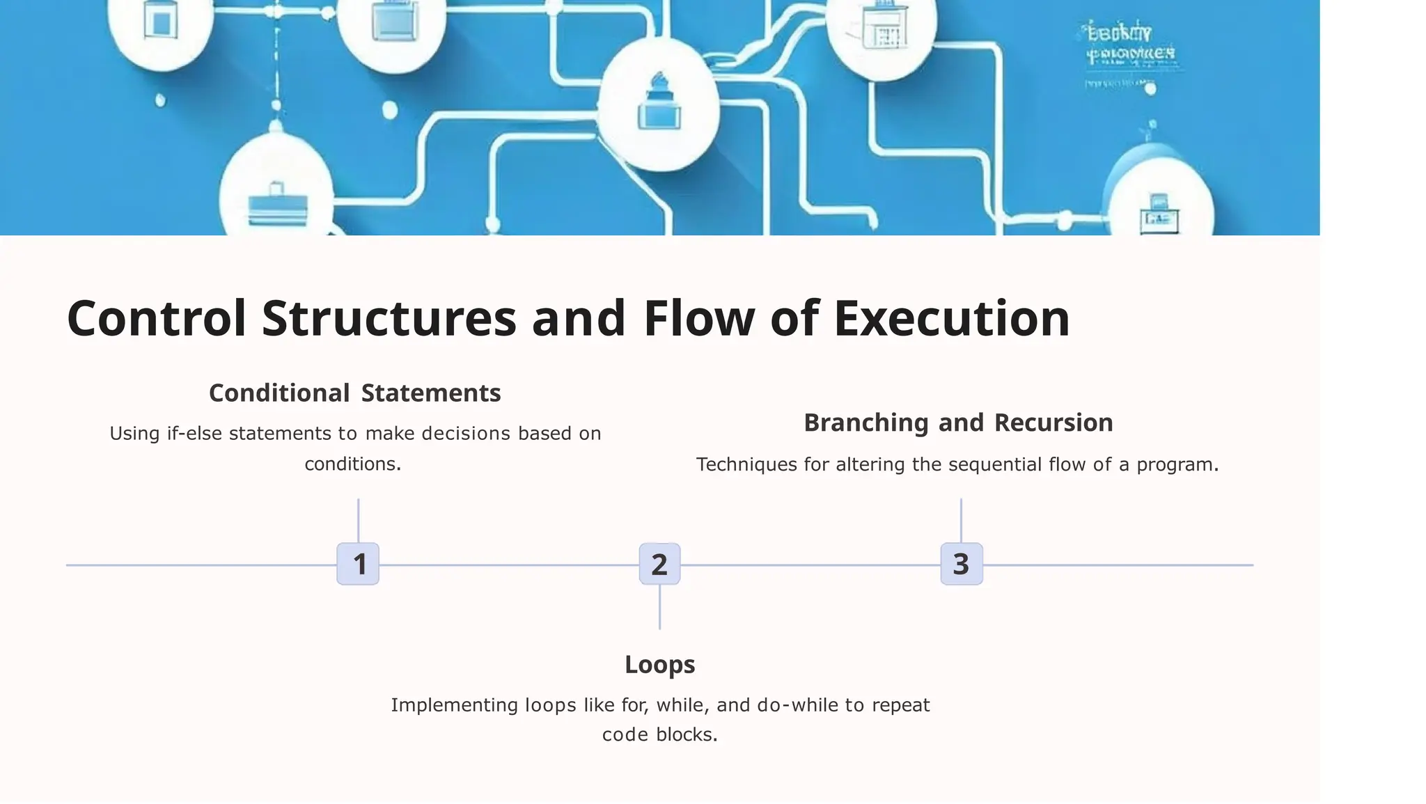 Control Structures and Flow of Execution
1
Conditional Statements
Using if-else statements to make decisions based on
conditions.
2
Loops
Implementing loops like for, while, and do-while to repeat
code blocks.
3
Branching and Recursion
Techniques for altering the sequential flow of a program.
 