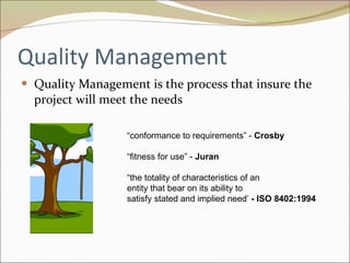 Quality Management Quality Management is the process that insure the project will meet the needs “ conformance to requirements” -  Crosby  “ fitness for use” -  Juran  “ the totality of characteristics of an  entity that bear on its ability to  satisfy stated and implied need’  - ISO 8402:1994  