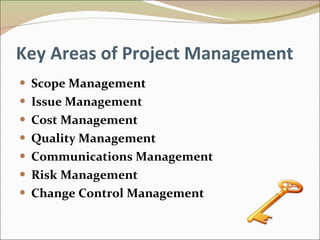 Key Areas of Project Management Scope Management Issue Management Cost Management Quality Management Communications Management Risk Management Change Control Management 