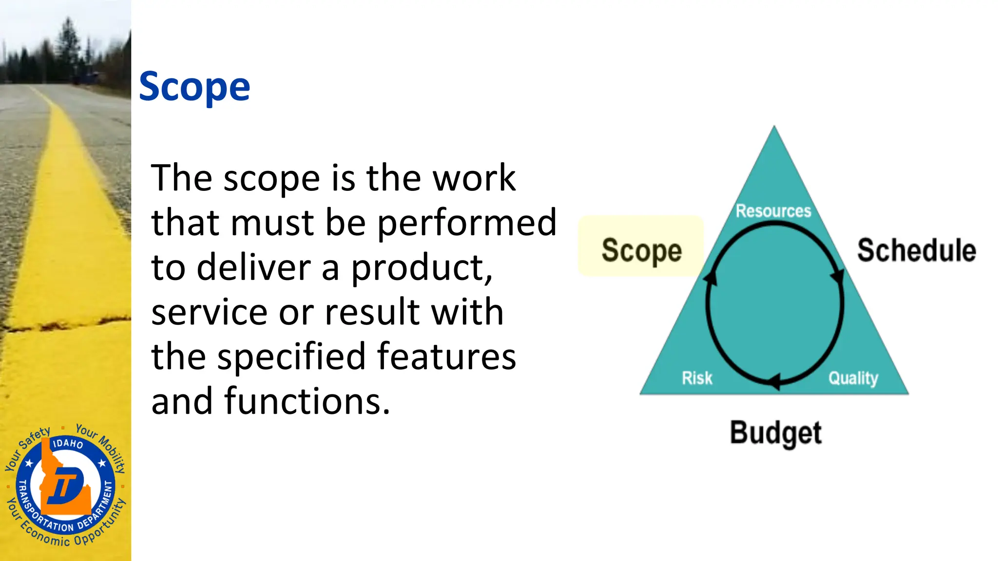 Scope
The scope is the work
that must be performed
to deliver a product,
service or result with
the specified features
and functions.
 