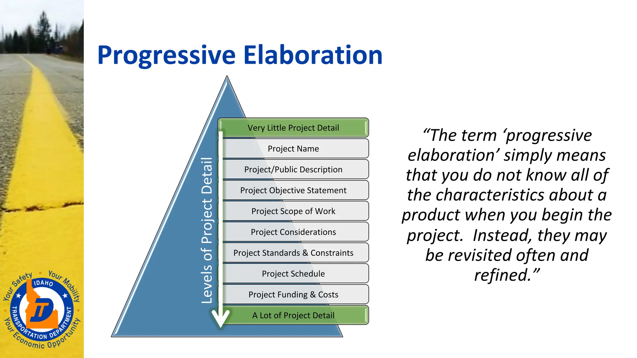 Progressive Elaboration
“The term ‘progressive
elaboration’ simply means
that you do not know all of
the characteristics about a
product when you begin the
project. Instead, they may
be revisited often and
refined.”
Very Little Project Detail
Project Name
Project/Public Description
Project Objective Statement
Project Scope of Work
Project Considerations
Project Standards & Constraints
Project Schedule
Project Funding & Costs
A Lot of Project Detail
Levels
of
Project
Detail
 