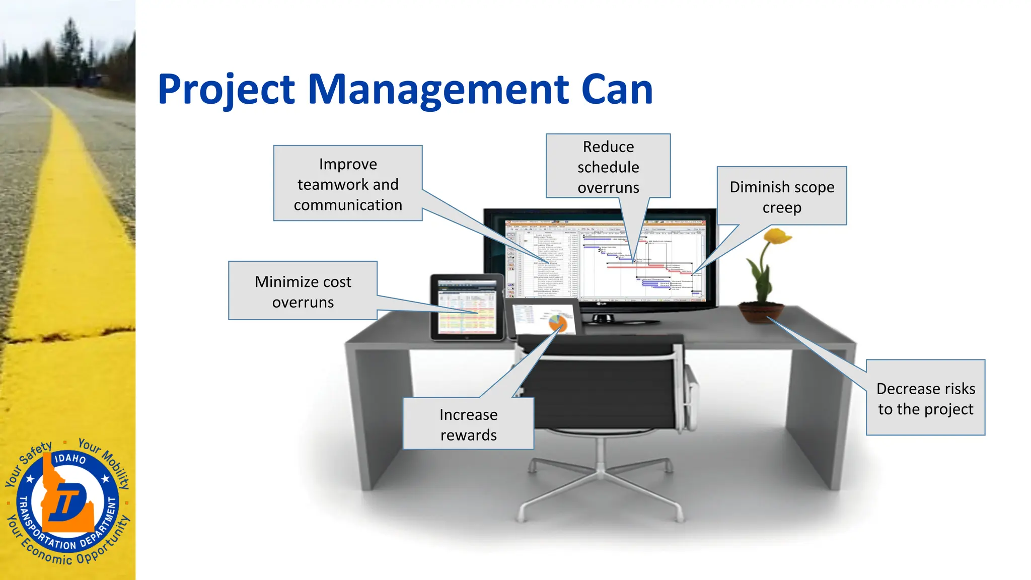 Project Management Can
Reduce
schedule
overruns
Decrease risks
to the project
Diminish scope
creep
Increase
rewards
Minimize cost
overruns
Improve
teamwork and
communication
 