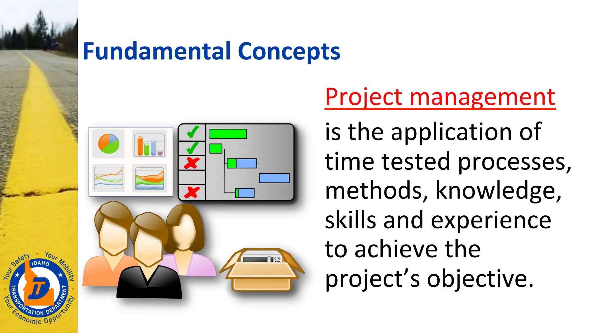 Project management
is the application of
time tested processes,
methods, knowledge,
skills and experience
to achieve the
project’s objective.
Fundamental Concepts
 