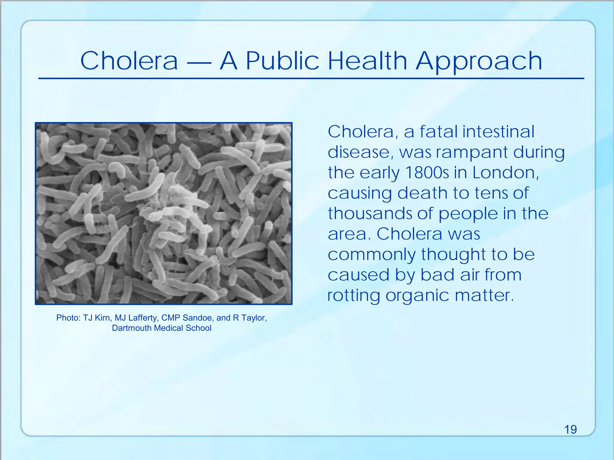 Cholera — A Public Health Approach
Cholera, a fatal intestinal
disease, was rampant during
the early 1800s in London,
causing death to tens of
thousands of people in the
area. Cholera was
commonly thought to be
caused by bad air from
rotting organic matter.
Photo: TJ Kirn, MJ Lafferty, CMP Sandoe, and R Taylor,
Dartmouth Medical School
19
 