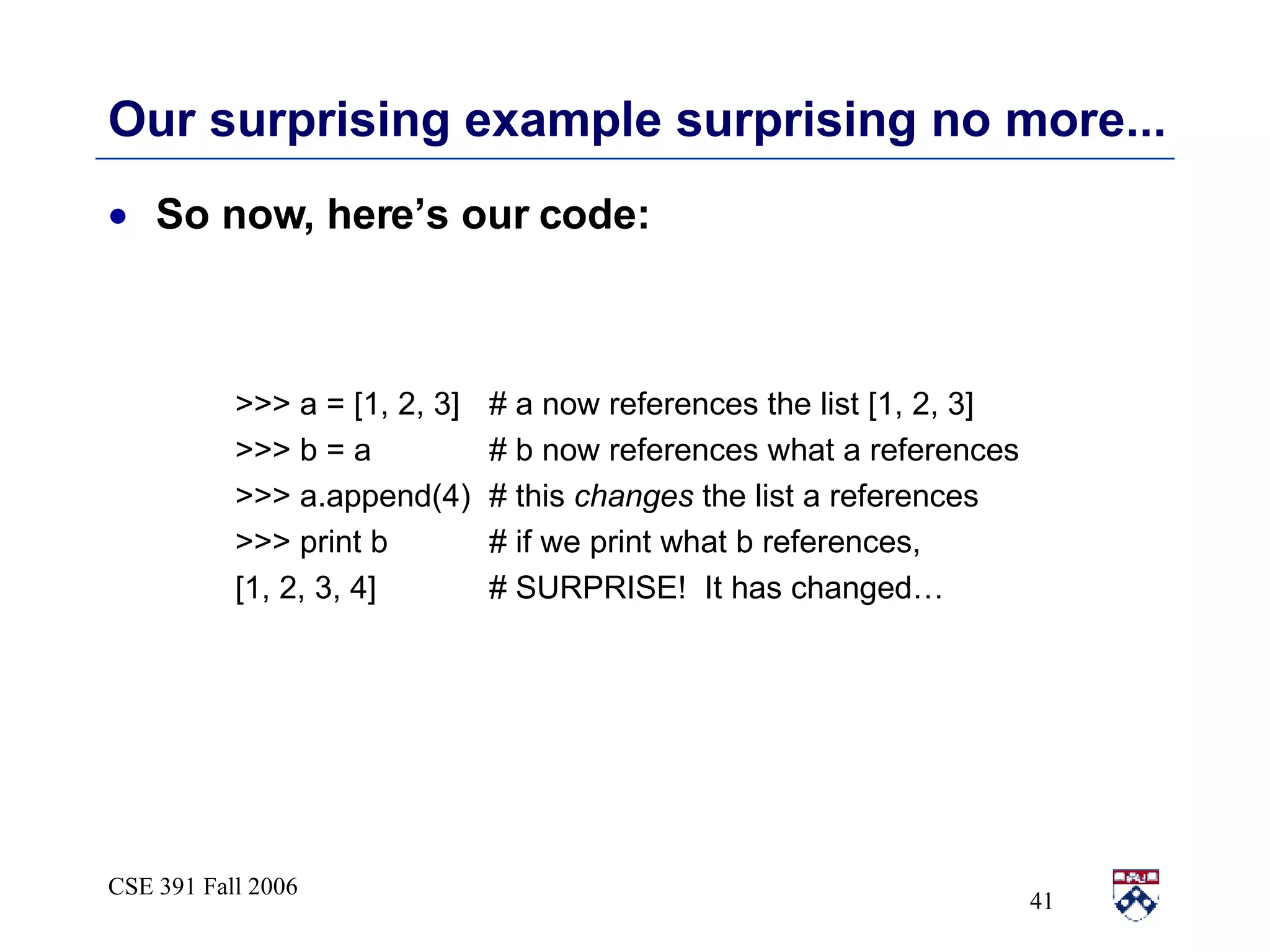 Our surprising example surprising no more... So now, here’s our code: >>> a = [1, 2, 3] # a now references the list [1, 2, 3] >>> b = a # b now references what a references >>> a.append(4) # this  changes  the list a references  >>> print b # if we print what b references, [1, 2, 3, 4] # SURPRISE!  It has changed… 