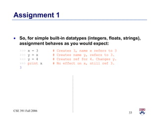 Assignment 1 So, for simple built-in datatypes (integers, floats, strings), assignment behaves as you would expect: >>>   x = 3   # Creates 3, name x refers to 3  >>>   y = x   # Creates name y, refers to 3. >>>   y = 4   # Creates ref for 4. Changes y. >>>  print  x   # No effect on x, still ref 3. 3 