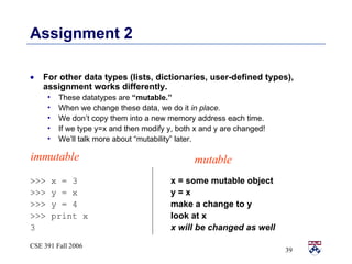 Assignment 2 For other data types (lists, dictionaries, user-defined types), assignment works differently.  These datatypes are  “mutable.”   When we change these data, we do it  in place.  We don’t copy them into a new memory address each time.  If we type y=x and then modify y, both x and y are changed! We’ll talk more about “mutability” later. >>> x = 3   x = some mutable object >>> y = x   y = x >>> y = 4   make a change to y >>> print x   look at x 3   x will be changed as well immutable mutable 