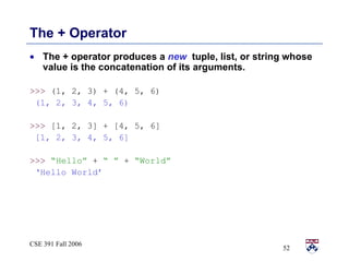 The + Operator The + operator produces a  new   tuple, list, or string whose value is the concatenation of its arguments. >>>  (1, 2, 3) + (4, 5, 6) (1, 2, 3, 4, 5, 6) >>>  [1, 2, 3] + [4, 5, 6] [1, 2, 3, 4, 5, 6] >>>   “Hello”  +  “ ”  +  “World” ‘ Hello World’ 