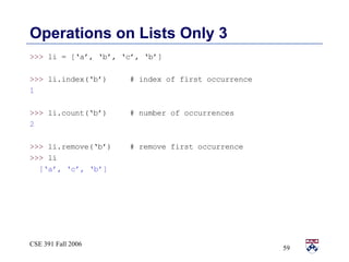 Operations on Lists Only 3 >>>  li = [‘a’, ‘b’, ‘c’, ‘b’] >>>  li.index(‘b’)  # index of first occurrence 1 >>>  li.count(‘b’)  # number of occurrences 2 >>>  li.remove(‘b’)  # remove first occurrence >>>  li [‘a’, ‘c’, ‘b’] 