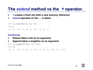 The  extend  method vs the  +  operator.  <ul><li>+  creates a fresh list (with a new memory reference) </li></ul><ul><li>...