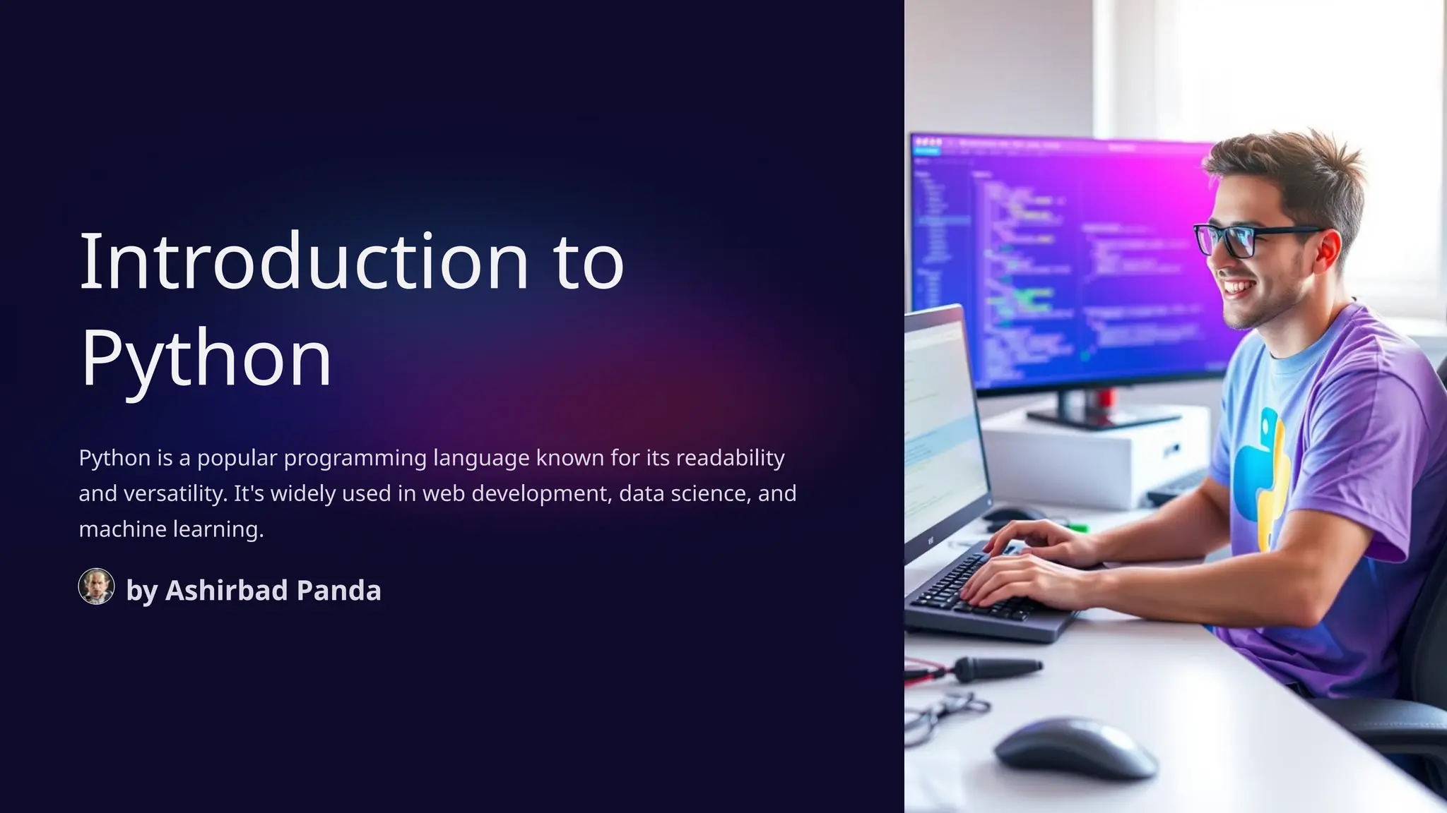 Introduction to
Python
Python is a popular programming language known for its readability
and versatility. It's widely used in web development, data science, and
machine learning.
by Ashirbad Panda
 