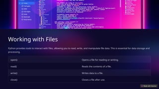 Working with Files
Python provides tools to interact with files, allowing you to read, write, and manipulate file data. This is essential for data storage and
processing.
open() Opens a file for reading or writing.
read() Reads the contents of a file.
write() Writes data to a file.
close() Closes a file after use.
 