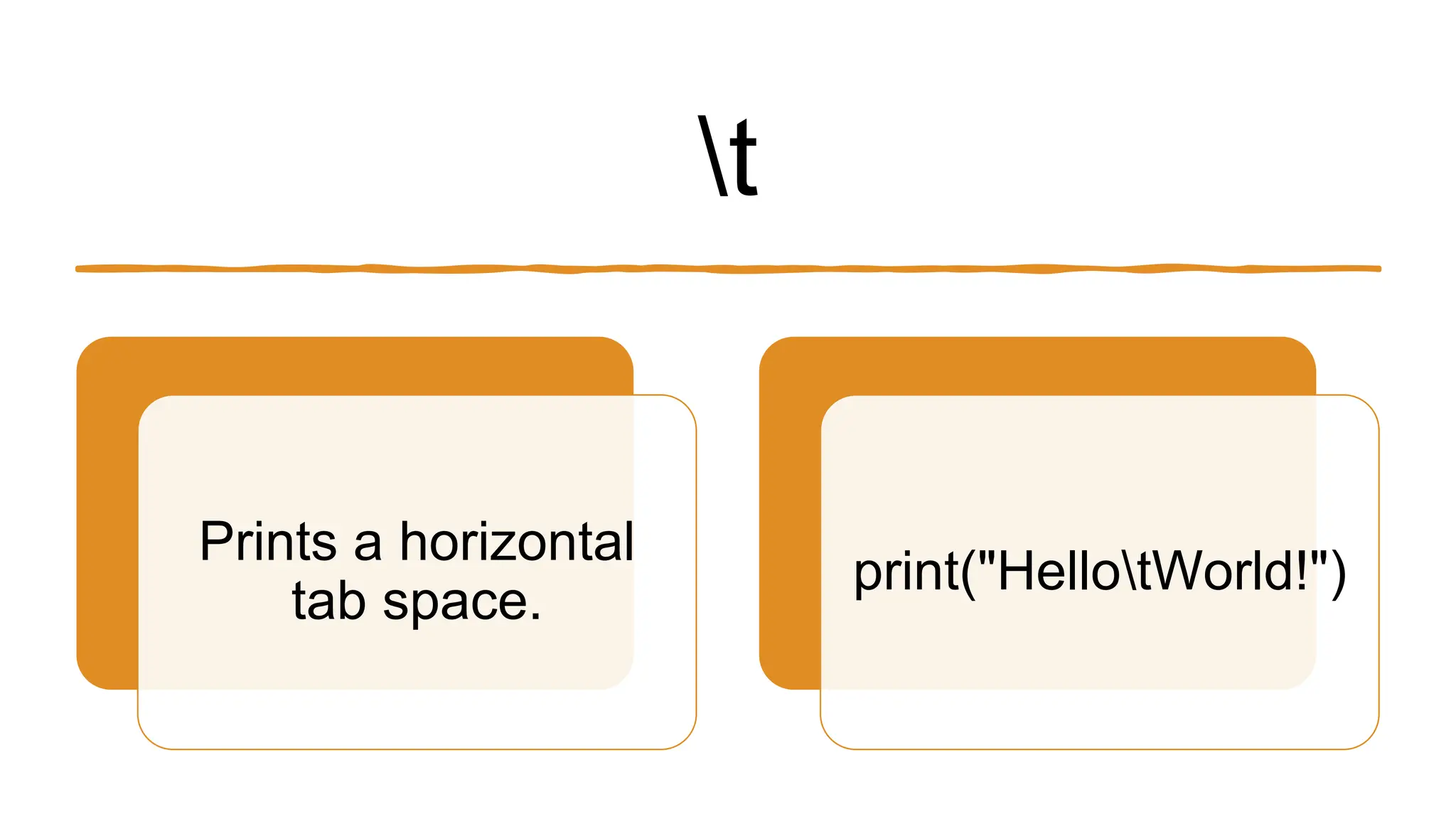 t
Prints a horizontal
tab space.
print("HellotWorld!")
 