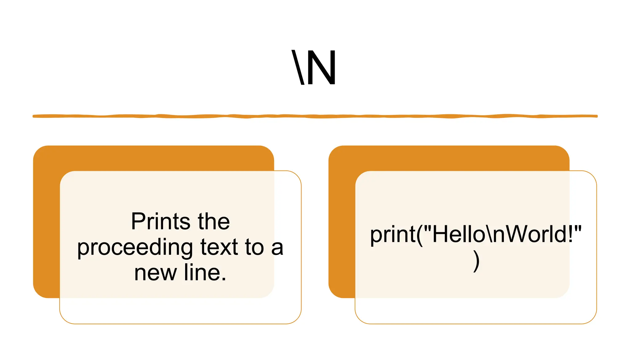 N
Prints the
proceeding text to a
new line.
print("HellonWorld!"
)
 