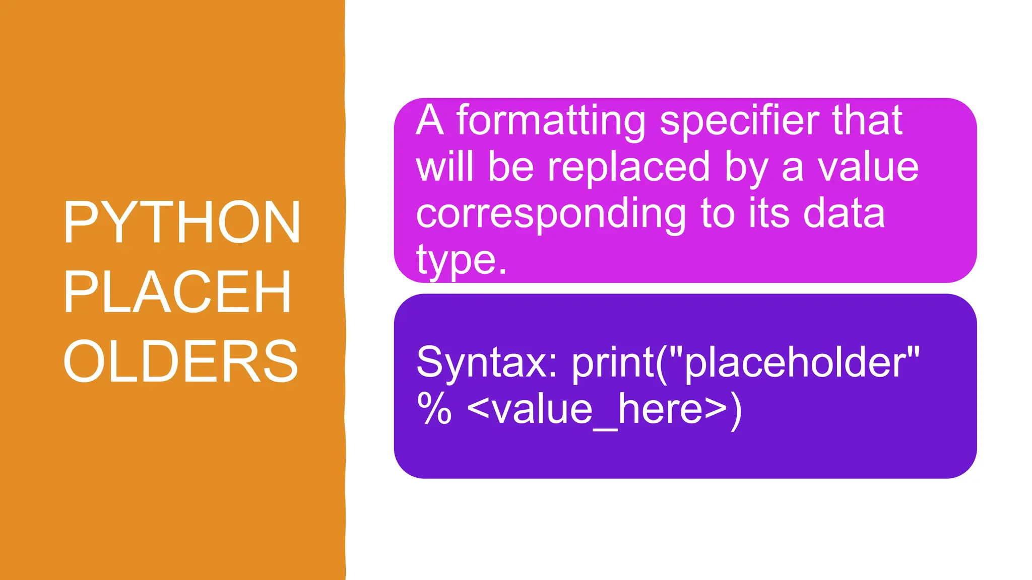 PYTHON
PLACEH
OLDERS
A formatting specifier that
will be replaced by a value
corresponding to its data
type.
Syntax: print("placeholder"
% <value_here>)
 