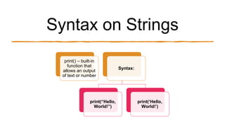 Syntax on Strings
print() – built-in
function that
allows an output
of text or number
Syntax:
print(“Hello,
World!”)
print(‘Hello,
World!’)
 