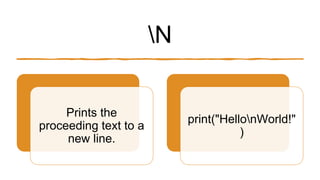 N
Prints the
proceeding text to a
new line.
print("HellonWorld!"
)
 