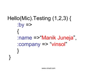 Hello(Mic).Testing (1,2,3) { :by  => { :name  =>“ Manik Juneja ”, :company  => “ vinsol ” }  }  