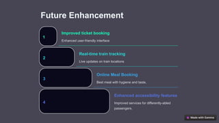 Future Enhancement
1
Improved ticket booking
Enhanced user-friendly interface
2
Real-time train tracking
Live updates on train locations
3
Online Meal Booking
Best meal with hygiene and taste,
4
Enhanced accessibility features
Improved services for differently-abled
passengers.
 