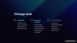 Change seat
Flexibility
Passengers can
easily change their
seat preferences
before the journey.
Real-time
Updates
Get immediate
information about
seat availability and
make changes
accordingly.
Customization
Choose from
available seats based
on personal
preferences and
requirements.
 
