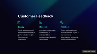 Customer Feedback
Survey
Obtain feedback through
well-structured surveys to
gather valuable insights
from customers'
perspectives.
Reviews
Encourage customers to
leave reviews to
understand their
experience and areas for
improvement.
Feedback
Collect feedback through
multiple channels to gain a
comprehensive
understanding of customer
needs and satisfaction.
 