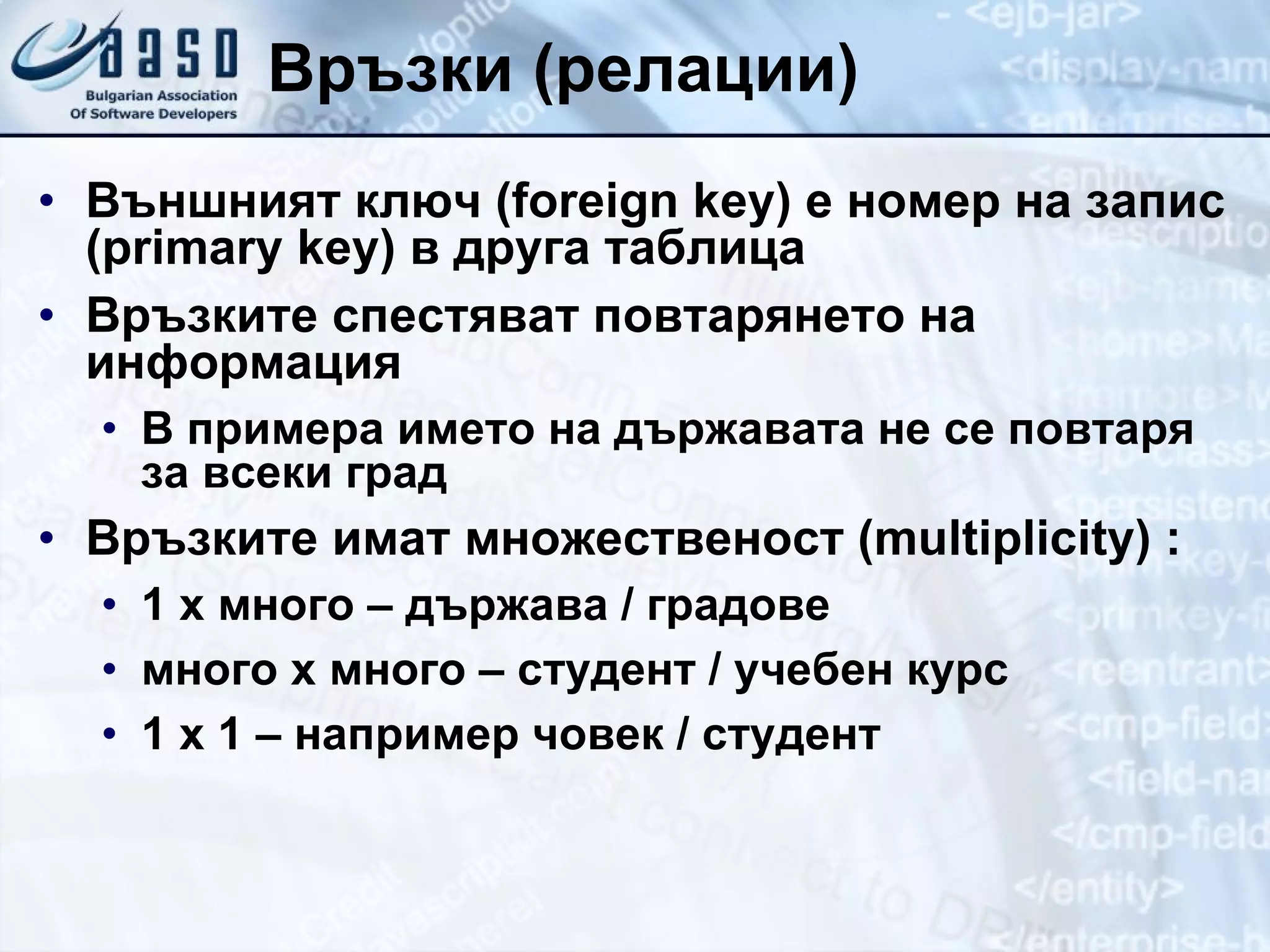 Връзки (релации) Външният ключ ( foreign key)  е номер на запис  (primary key)  в друга таблица Връзките спестяват повтарянето на информация В примера името на държавата не се повтаря за всеки град Връзките имат множественост ( multiplicity)  : 1 x  много – държава / градове много  x  много – студент / учебен курс 1  x 1 –  например човек / студент 