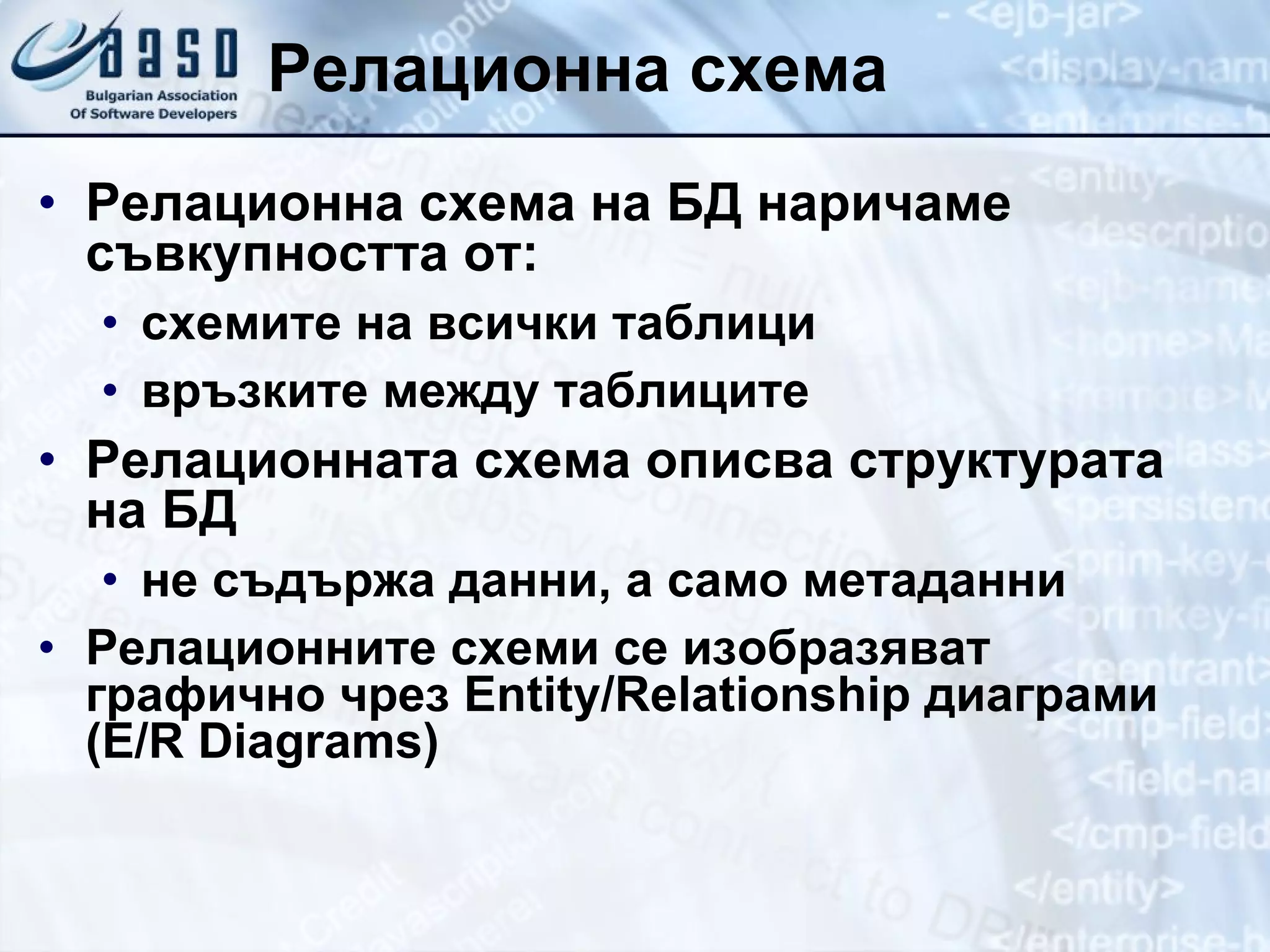 Релационна схема Релационна схема на БД наричаме съвкупността от: схемите на всички таблици връзките между таблиците Релационната схема описва структурата на БД не съдържа данни, а само метаданни Релационните схеми се изобразяват графично чрез  Entity/Relationship  диаграми ( E/R Diagrams) 