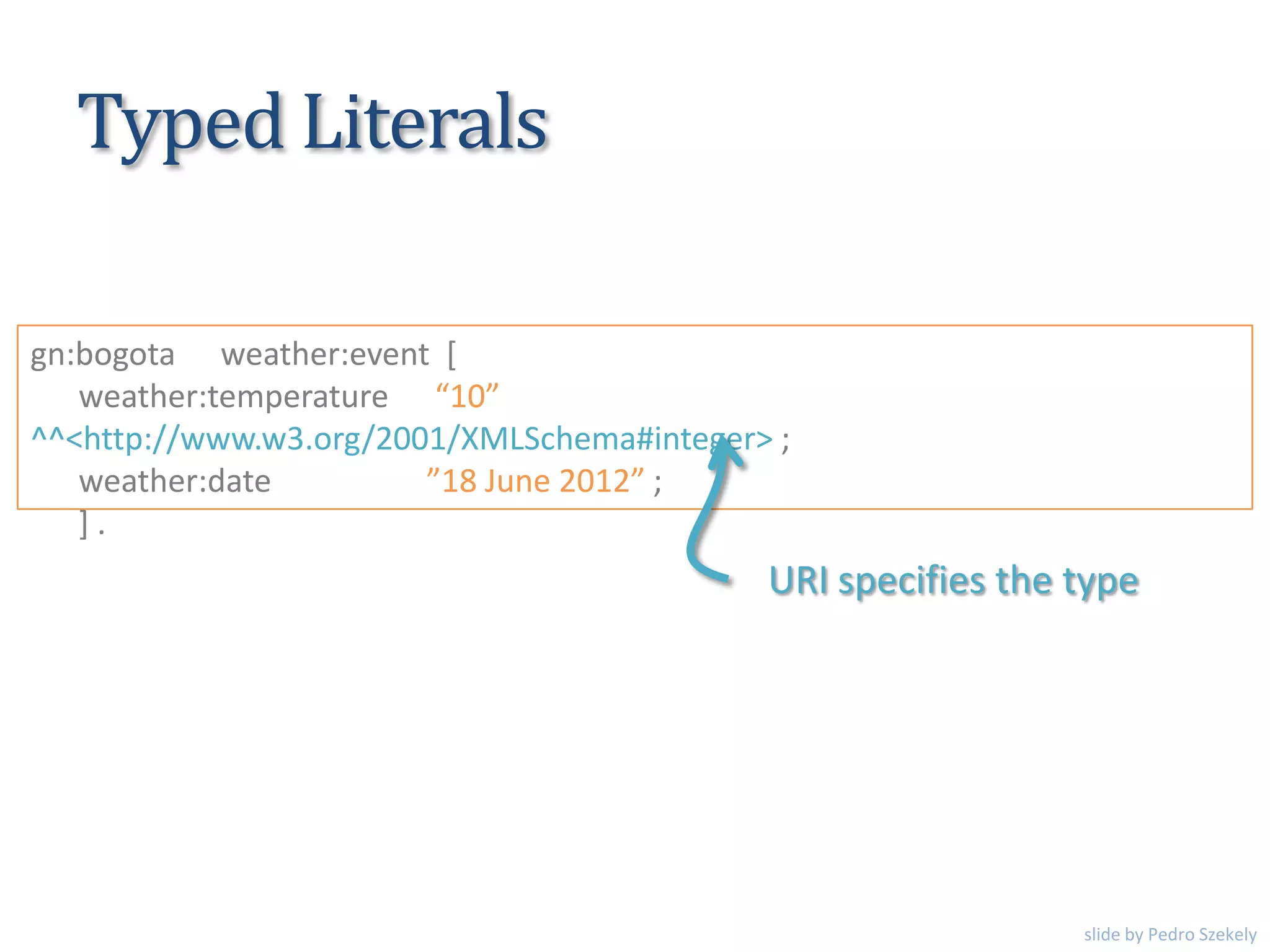 Typed Literals
gn:bogota weather:event [
weather:temperature “10”
^^<http://www.w3.org/2001/XMLSchema#integer> ;
weather:date ”18 June 2012” ;
] .
URI specifies the type
slide by Pedro Szekely
 