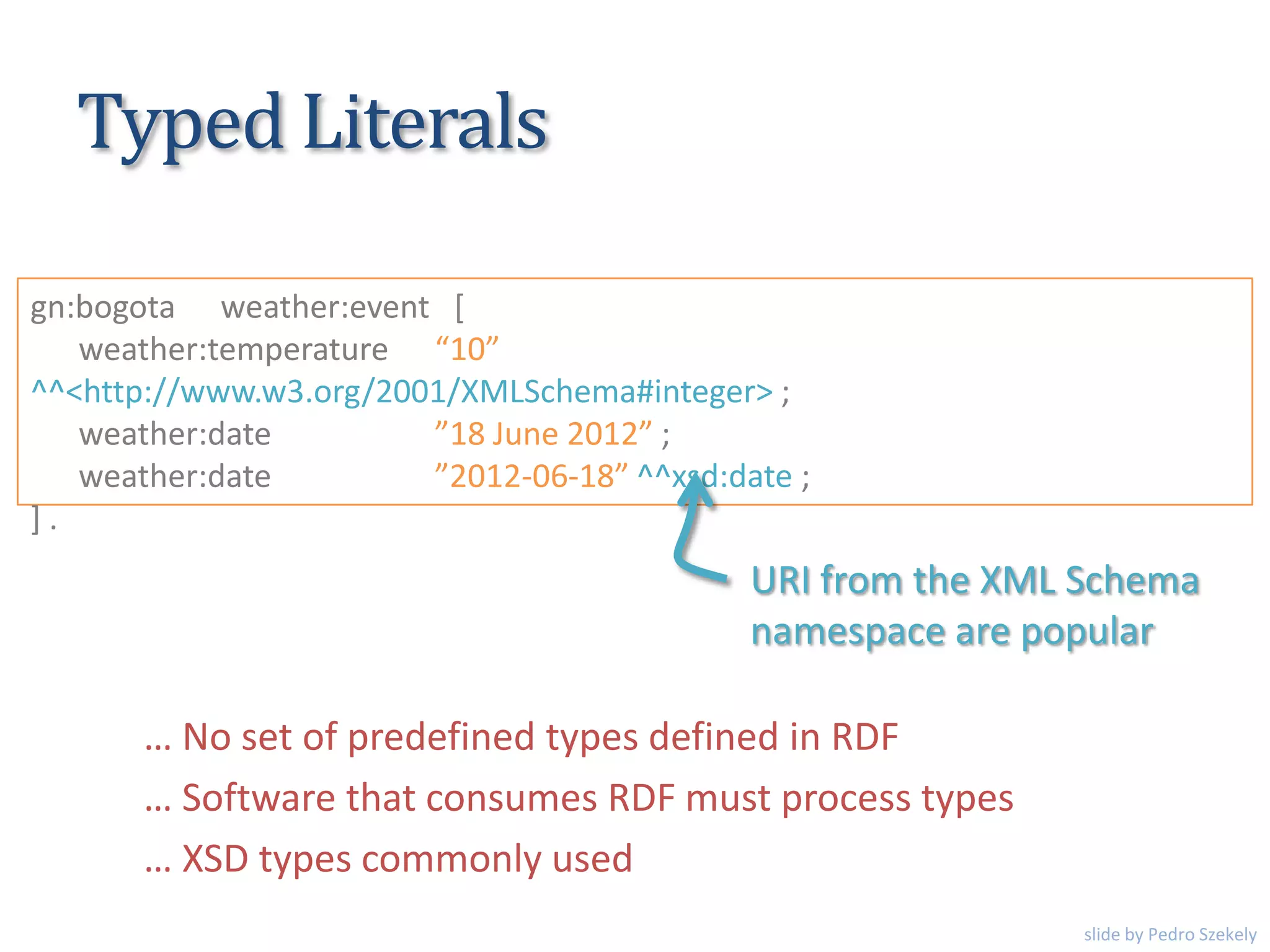 Typed Literals
gn:bogota weather:event [
weather:temperature “10”
^^<http://www.w3.org/2001/XMLSchema#integer> ;
weather:date ”18 June 2012” ;
weather:date ”2012-06-18” ^^xsd:date ;
] .
… No set of predefined types defined in RDF
… Software that consumes RDF must process types
… XSD types commonly used
URI from the XML Schema
namespace are popular
slide by Pedro Szekely
 