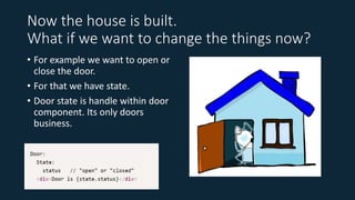 Now the house is built.
What if we want to change the things now?
• For example we want to open or
close the door.
• For that we have state.
• Door state is handle within door
component. Its only doors
business.
 