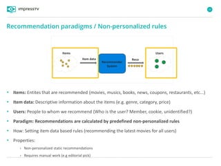 23
• Items: Entites that are recommended (movies, musics, books, news, coupons, restaurants, etc...)
• Item data: Descriptive information about the items (e.g. genre, category, price)
• Users: People to whom we recommend (Who is the user? Member, cookie, unidentified?)
• Paradigm: Recommendations are calculated by predefined non-personalized rules
• How: Setting item data based rules (recommending the latest movies for all users)
• Properties:
› Non-personalized static recommendations
› Requires manual work (e.g editorial pick)
Recommendation paradigms / Non-personalized rules
Items
Recommender
System
RecoItem data
Users
 